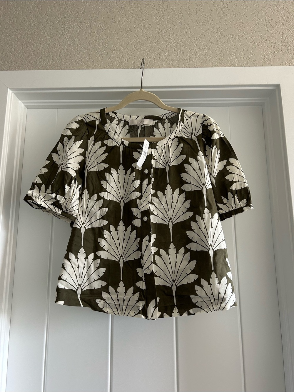LOFT Olive and White Botanical Button-Front Blouse